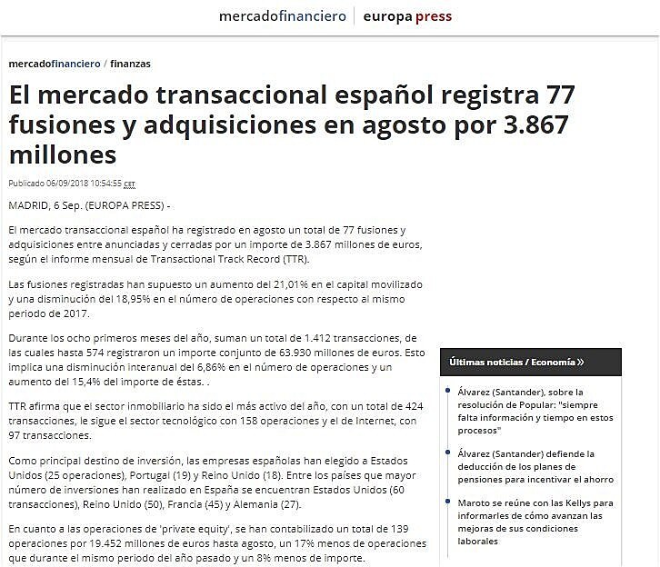 El mercado transaccional espaol registra 77 fusiones y adquisiciones en agosto por 3.867 millones